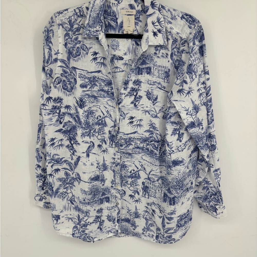 Joie White Linen Shirt with Blue Tropical Toile